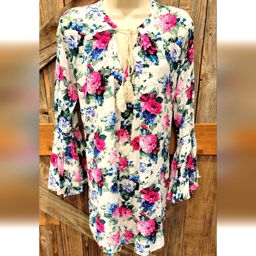 Umgee Long Bell Sleeve Floral Dress Tunic Size S small tassel tie front, pleats